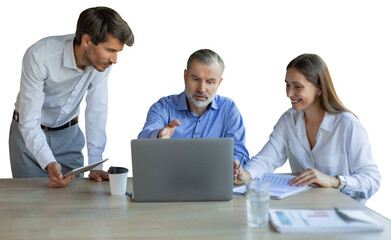 Group of young modern people in formalwear using modern technologies while working on a transparent background