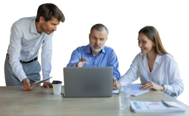 Group of young modern people in formalwear using modern technologies while working on a transparent background