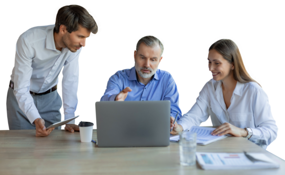 Group of young modern people in formalwear using modern technologies while working on a transparent background
