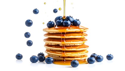 A stack of golden pancakes topped with fresh blueberries and drizzled with syrup against a clean white background. Sweet breakfast concept with falling berries