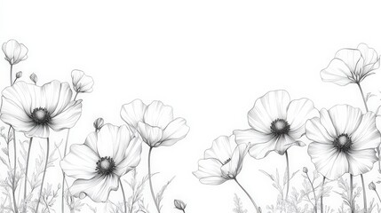 Black and White Illustration of Delicate Poppy Flowers on a White Background and Soft Petals