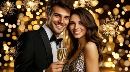 Couple celebrating New Year's Eve with champagne, fireworks background