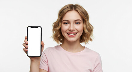 Smiling young woman displaying a smartphone with a blank screen for application advertising or mobile interface presentation studio shot