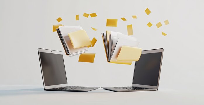 Two laptops facing each other, with stacks of papers and sticky notes levitating between them, suggesting data transfer