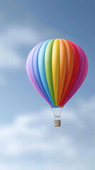 Fototapeta premium Colorful hot air balloon soaring through a clear blue sky, showcasing vibrant stripes of red, orange, yellow, green, blue, and purple against a serene backdrop of fluffy clouds
