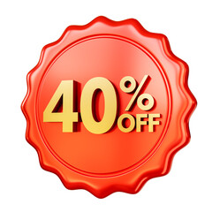 Red discount badge 40% OFF isolated on transparent background. 3D render.