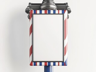 A blank square sign with red, white, and blue barber pole stripes on a metallic blue post, against a white backdrop