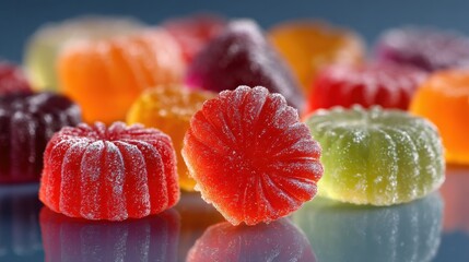 Assorted colorful sugar-coated jelly candies arranged on reflective surface in soft studio light ideal for candy packaging designs, children’s party visuals and confectionery marketing