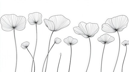 Delicate Linear Illustration of Flowers in Minimalist Style on White Background