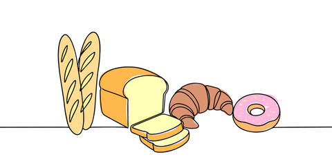 continuous line of various kinds of hand-made bread. one line drawing of bread Baguettes, white bread, croissants, donuts. single line vector illustration. isolated white background