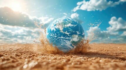 The Earth splashes onto a sandy surface under a bright, cloudy sky, symbolizing environmental impact and global change.