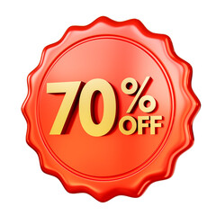 Red discount badge 70% OFF isolated on transparent background. 3D render.