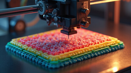  Precision in Motion – Close-Up of a 3D Printer Extruding Vibrant Recycled Filament to Create a Complex, Detailed Object with High Accuracy and Smooth Layering