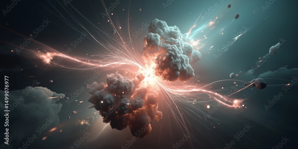 Wall mural quantum physics computing concept. dramatic explosion with colorful light and dynamic energy.