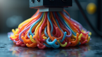  Precision in Motion – Close-Up of a 3D Printer Extruding Vibrant Recycled Filament to Create a Complex, Detailed Object with High Accuracy and Smooth Layering