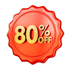 Red discount badge 80% OFF isolated on transparent background. 3D render.