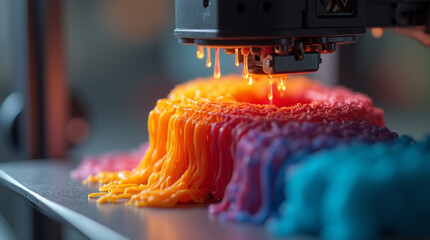  Precision in Motion – Close-Up of a 3D Printer Extruding Vibrant Recycled Filament to Create a Complex, Detailed Object with High Accuracy and Smooth Layering