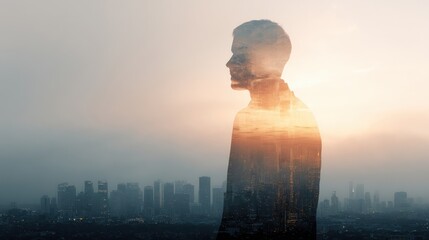 Double exposure silhouette of young man merged with modern city skyline at sunrise creating atmospheric conceptual visual perfect for business, personal growth and mental health themes
