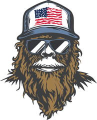 Bigfoot Wearing Sunglasses Holding an American Flag &ndash; Patriotic Cryptid Adobe Illustration