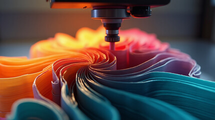  Precision in Motion – Close-Up of a 3D Printer Extruding Vibrant Recycled Filament to Create a Complex, Detailed Object with High Accuracy and Smooth Layering
