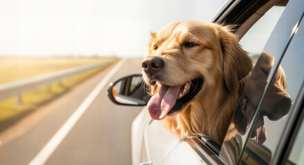 dog with tongue out enjoying car ride looking through open red car window, summer road trip adventure