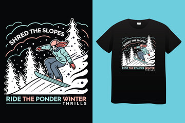 Dynamic Snowboarder in Snowy Mountains – Vector Illustration for T-Shirt Design, Colorful Winter Sports Artwork – Snowboarder in Action on Mountain Slope.