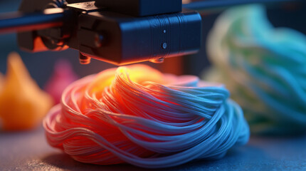 Precision in Motion – Close-Up of a 3D Printer Extruding Vibrant Recycled Filament to Create a Complex, Detailed Object with High Accuracy and Smooth Layering