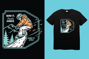 Dynamic Snowboarder in Snowy Mountains – Vector Illustration for T-Shirt Design, Colorful Winter Sports Artwork – Snowboarder in Action on Mountain Slope.