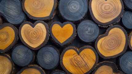 Crosscut wood slices with bright heart emoji overlay