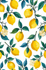 Obraz premium Pattern of yellow lemons and leaves on a white background. Traditional pattern of the south of Italy.
