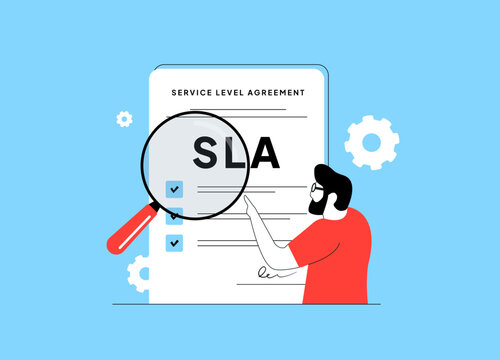 Service level agreement contract form, business concept. Service level objectives, SLA agreement form. Man character reads sla contract. Vector illustration