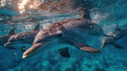 Fototapeta premium A pod of dolphins swimming gracefully beneath the shimmering ocean surface