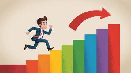 Cheerful Cartoon Man Running Up Vibrant Bar Chart with Upward Red Arrow.