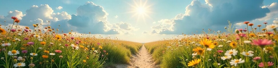 A sunlit path meanders through a field of wildflowers, leading towards a breathtaking, cloud-filled sky; a serene and ethereal scene suggesting a heavenly walk ,  whimsical, heaven