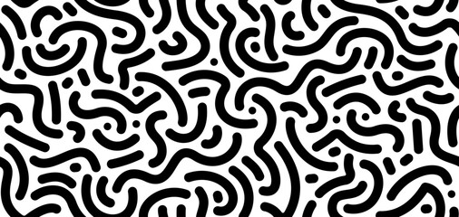 Vector seamless pattern with squiggle bold lines. Black and white abstract doodle background,