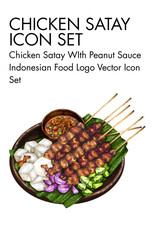 Chicken satay with penakut sauce indonesian Food logo vector Icon set