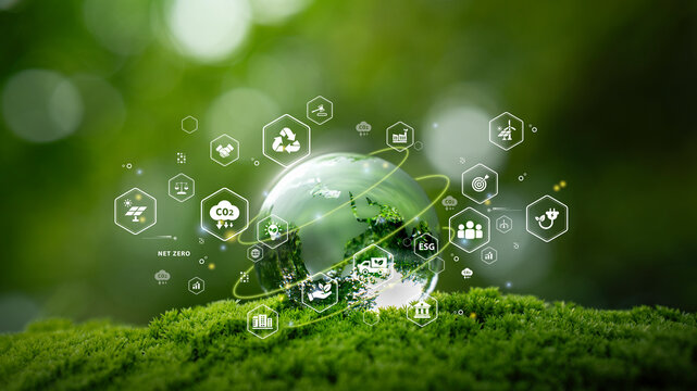 Crystal globe glass on green in forest with icon of Sustainable Development, green business, circular economy, supply chain, . renewable energy, carbon emission to net zero. Earth Day, and ESG concept