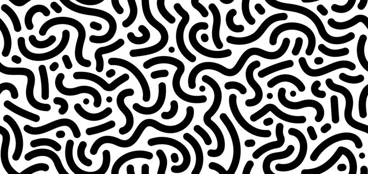 Vector seamless pattern with squiggle bold lines. Black and white abstract doodle background,