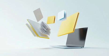 Floating digital files, yellow and grey, hover above a sleek silver laptop on a minimalist white background