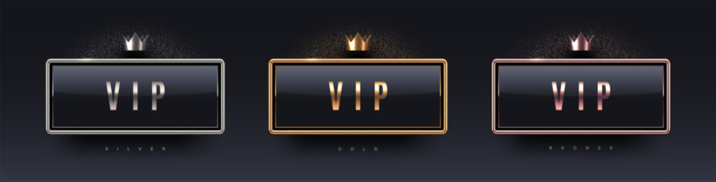 3d VIP sign with metal frame and crown. Gold, silver and bronze metallic luxury sign on black background. Vector set.