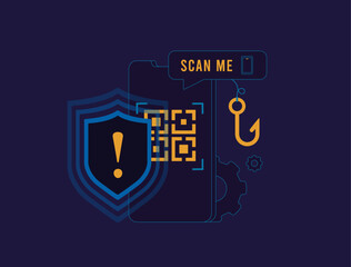 Quishing scam or QR code phishing uses fake codes to steal data. Secure QR scanner mobile apps for phishing protection, fraud detection and online threat prevention. Vector illustration