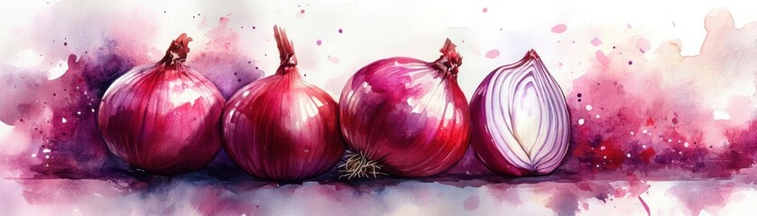 Watercolor painting of four red onions, one sliced open, with vibrant splashes of purple and pink hues in the background.