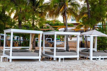Palapa thatched roofs palms parasols sun loungers beach resort Mexico.