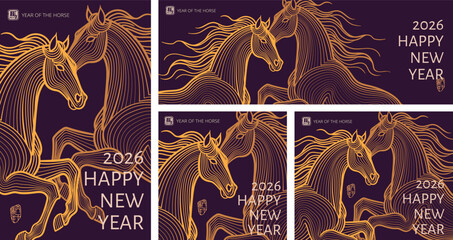 2026 Chinese New Year ,Year of the Horse Greeting Designs. Line Art Horse Illustrations for Cover, Card, Poster, Banner and Flyer Templates