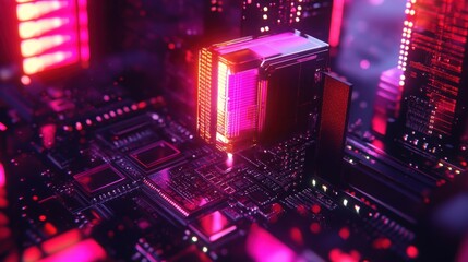 Futuristic Technology Scene with Neon Lights Over Electronic Circuit Board and Processor Chip