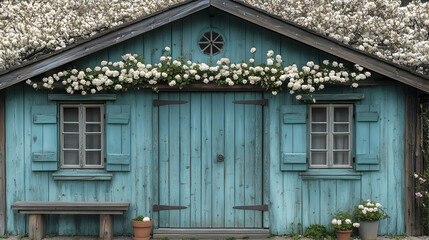 Whimsical blue garden shed adorned with cascading white blossoms and floral accents