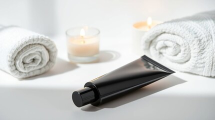 Black cosmetic tube on white surface with towels and candles