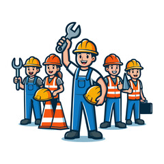 Smiling builder mascot cartoon character vector in bright uniform holding tools wearing hard hat for contractor company logo design construction services identity