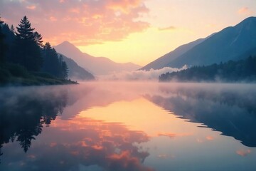 Serene lake at dawn, mist clinging to the water's surface, reflecting the soft light Perfect for nature, tranquility, and peaceful imagery , freshwater, wilderness, light