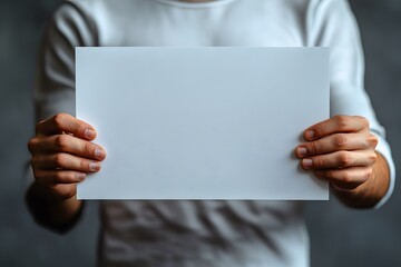 Naklejka premium Blank White Rectangle Held by Hands Against a Textured Gray Back